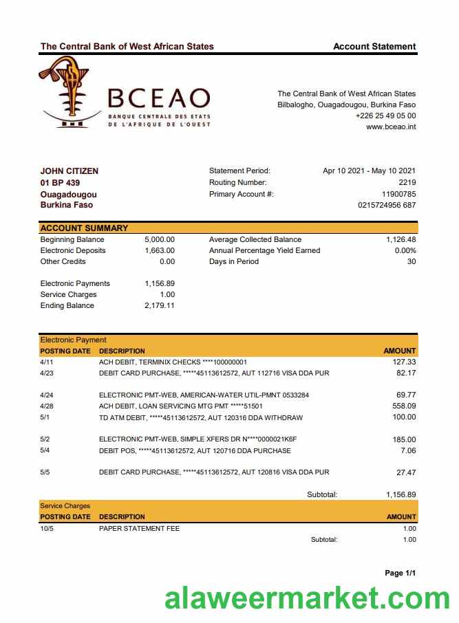 Burkina Faso The Central Bank of West African States bank statement easy to fill template in Excel and PDF format